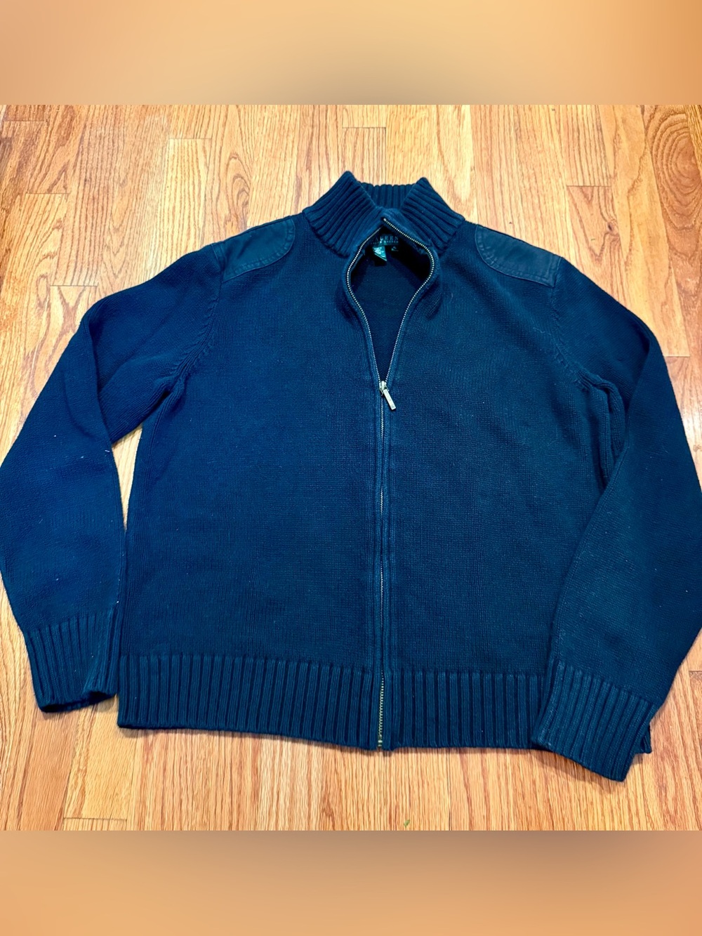 Lauren Ralph Lauren Cardigan Sweater XL Blue Full Zip Shoulder Patch